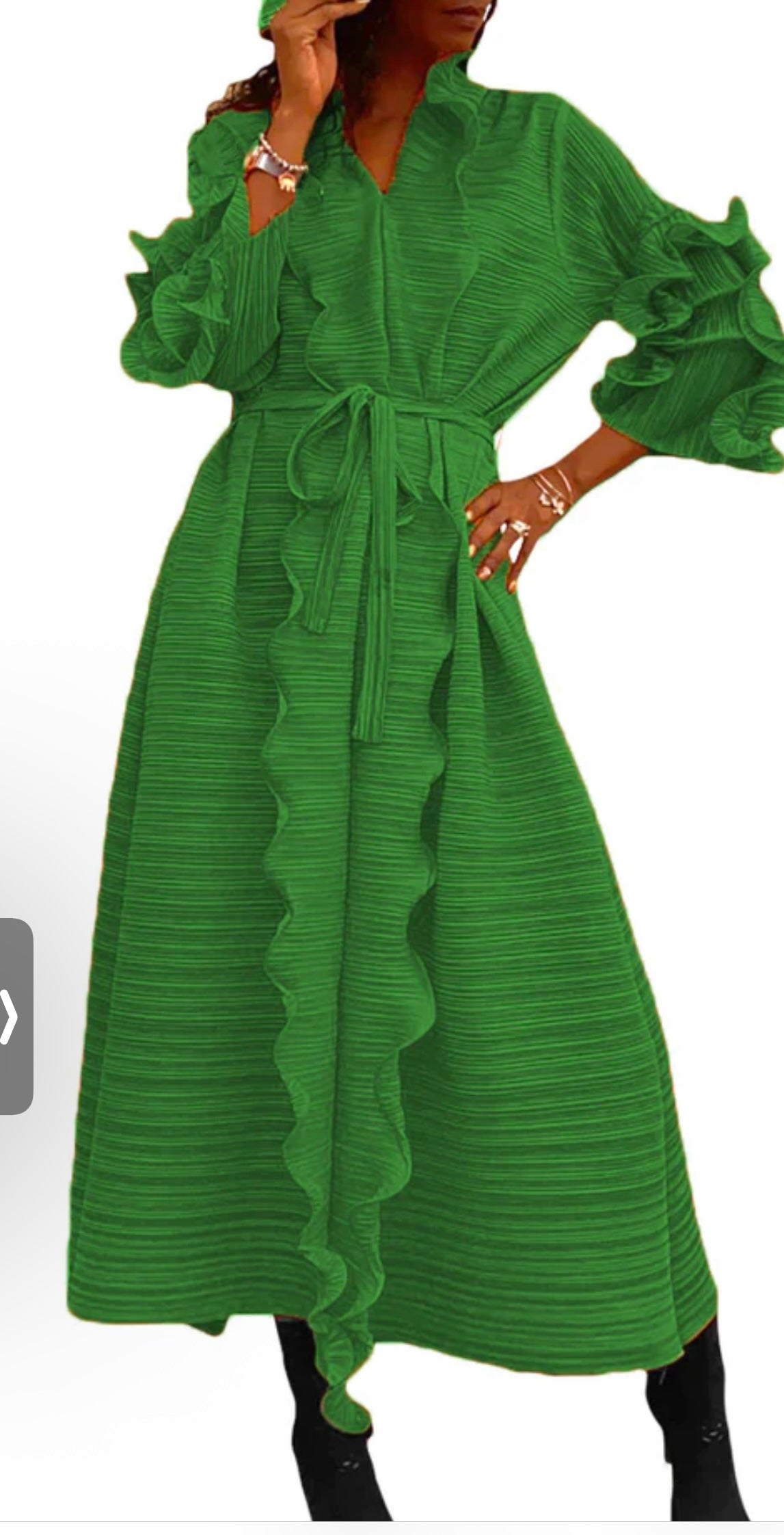 Green Sponge Flowing Dress with Belt